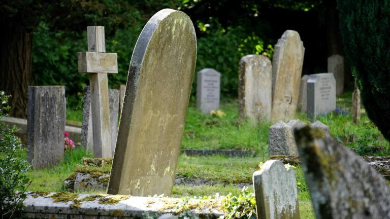 Weathered tombstones in tranquil cemetery surrounded by lush greenery