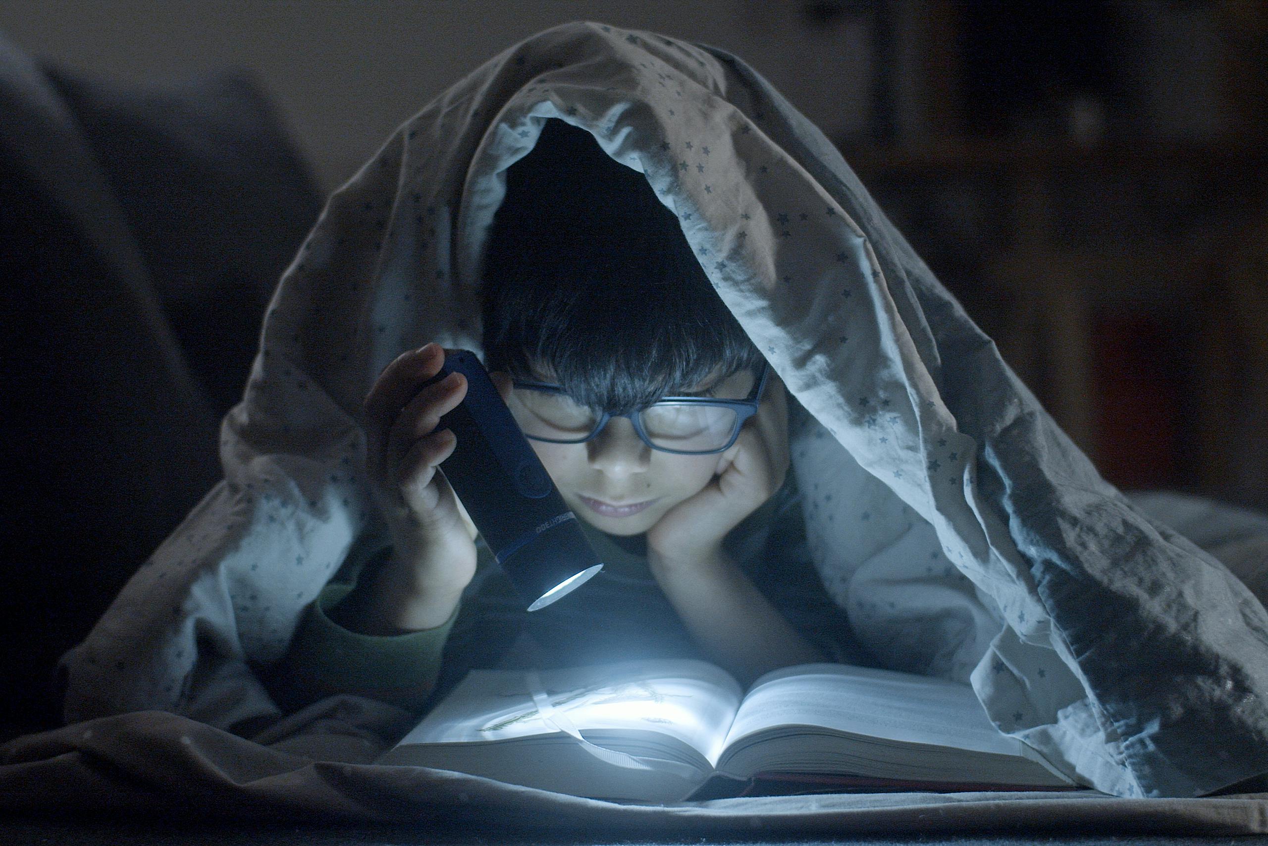 Young child enjoying bedtime story under blanket with flashlight.